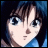 Pixelated anime-style character face with brown hair and blue eyes, next to stylized text on a black background.