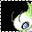 Animated icon of a stylized eye with green flame-like extensions, blue iris, and white sclera against black background.