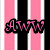 A split-screen image with pink and white vertical stripes on the left, black text reading "AWW" above "CUTE," and a brown rabbit in grass on the right.