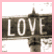 Two side-by-side animated frames showing a street sign with 'LOVE' text and a close-up of lips kissing, both within a pink border.