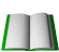 Animated sequence of an open book with green borders, pages flipping through various states from fully open to partially closed.