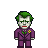 Pixelated character with green hair, white face paint, red lips, and a purple suit featuring a yellow flower pin.