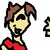 Pixelated cartoon character with brown hair and red top, showing two sequential expressions: neutral face and laughing face with motion lines.