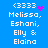 <333 heart Melissa, Eshani, Elly & Elaine text on blue background with pixelated animation changes.
