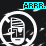 Pixelated icon with white circular border and central abstract shape, text above reads ARR. in cyan or white on black background.