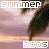Pixelated beach scene with palm fronds and sunset sky, text overlays reading 'summer' and '2005' in white block letters.
