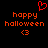 Red pixelated text and symbols on black background: 'happy halloween' with heart symbol above left copy, two identical copies side-by-side.