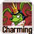 Pixelated green dragon-like creature with blue hat and yellow crown, holding pink object against red background, text "Charming" below.