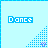 Pixelated blue and white icon with "Dance" text in a retro style, featuring a dotted pattern on the right side and a vertical blue border on the left.