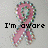 A pink breast cancer awareness ribbon with a pixelated, multicolored border on a light gray background, displaying text that changes from "I'm aware" to "B UP".