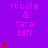 Purple background with repeated pink text 'nicole & tara bffl' and red heart symbols in vertical stacks.