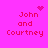 Pixelated text 'John and Courtney' on bright pink background with animated heart and starburst symbols above and to the right.