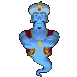 Blue genie-like figure with white turban and red vest performs sequential hand gestures against gray background.