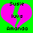 Two identical pixelated heart icons with green background, pink hearts split by diagonal lines, text 'Susie', 'luvs', and 'Amanda' in black block letters.