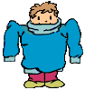 A cartoon character with light brown hair, blue sweater, pink pants, and yellow shoes appears in four sequential poses showing arm movement.
