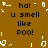 Brown background with repeated pixelated text 'ha! u smell like POO!' and scattered white abstract shapes in a