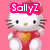Hello Kitty icon with pink background, red dress, and heart, transitioning to blue background with blue dress and floating pose, then to green text with pink polka-dot bow.