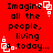 Red background with black text reading 'Imagine all the people, living today...' and white square-shaped pixel art elements scattered across.