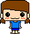 Pixel art character with brown pigtails, blue shirt and shorts, red blush marks on cheeks, two expressions: open eyes with black pupils and closed eyes with curved lines.