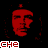 Red pixelated face with dark hair on black background, text below changes across frames.