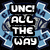 Pixelated icon with bold white text "UNO ALL THE WAY" on black background, framed by blue and gray abstract shapes.