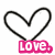 A pixelated heart outline in black with a pink rectangular banner below containing the word 'LOVE' in white block letters.