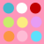 Nine solid-colored circular dots arranged in a 3x3 grid on a pink background, each dot with distinct hues including cyan, white, red, green, yellow, purple, orange, light pink, and light blue.