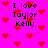 Pixelated icon with bright pink background, red heart symbols scattered throughout, and repeated text "I love Taylor Kelly" in black pixel font.