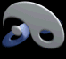 Animated 3D abstract shape with interlocking blue and gray curved forms rotating against black background.