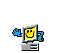 Pixelated animated buddy icon featuring a smiling yellow face inside a computer monitor with blue arms, displayed across six frames in a 3x2 contact sheet layout on gray background.