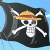 Black pirate flag with white skull and crossbones, yellow straw hat with red band, blue sky background, animated waving motion.
