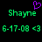 Green pixelated text 'Shayne' appears twice on a black background with a purple heart above the left 'Shayne', and green date-text '6-17-08 <3' below both names.