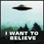 Pixelated image showing a black flying saucer above a green landscape with dark trees and white text reading "I WANT TO BELIEVE".