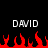 Two identical pixelated 'DAVID' text blocks above red flame shapes on a black background.