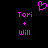 Pixelated pink text and symbols on black background: 'Tori' above '+' above 'Will', with a heart symbol at top center.