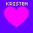 Four identical pixelated pink hearts on a solid purple background, each with the text 'KRISTEN' in white block letters above it.