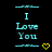 A black background displays repeated cyan text "I Love You" with yellow pixelated hearts, arranged in a pattern