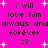 A static image with bright pink background and white pixelated text repeating 'i will love him always and always and forever x3' surrounded by small white plus signs.