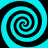 Four cyan and black spiral patterns arranged in a on a solid cyan background