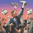 Two identical figures in dark suits with red ties hold up white flags against a gradient sky background, surrounded by pixelated crowd elements.