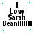 identical pixelated text icons with 'I Love Sarah Bean' and multiple exclamation marks, set against a white background with scattered blue dots