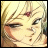 Pixelated anime-style character with blonde hair and a red hair accessory, next to stylized text on a black background.