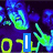 Pixelated anime-style character with blue-green face and purple background, displaying text elements 'I', 'LUV', and 'MUSIC' in distinct colors.