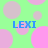 Green background with pink and gray circles; blue text 'LEXI' appears in four positions with pixelated transitions between frames.