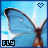 Blue butterfly with brown body and white spots on wings, positioned against light blue background with pixelated heart symbol above.