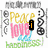 Colorful text collage with 'Peace', 'Love', and 'Happiness' layered over abstract shapes, plus a black square containing 'i'.