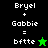 Pixelated text and star symbols on black and green backgrounds with 'Bryel + Gabbie = bftte' text.