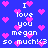 Blue background with pink pixelated hearts and repeated white text reading "I love you megan so much! <3" in a pattern
