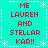 Cyan background with red pixelated text reading "ME LAUREN AND STELLAR KAR!!" arranged in a pattern, bordered by white dashed lines and snowflake symbols