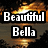 Pixelated text 'Beautiful Bella' in white block letters on black rectangular backgrounds, set against a fiery orange and brown pixelated backdrop.